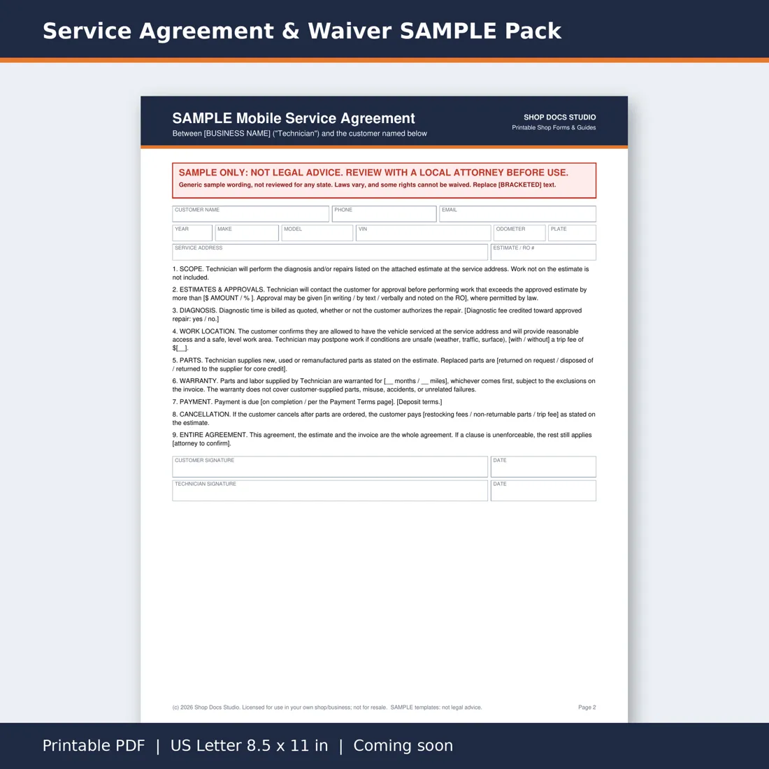 Service Agreement & Waiver SAMPLE Pack page preview