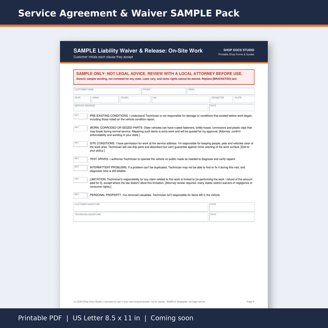 Service Agreement & Waiver SAMPLE Pack page preview