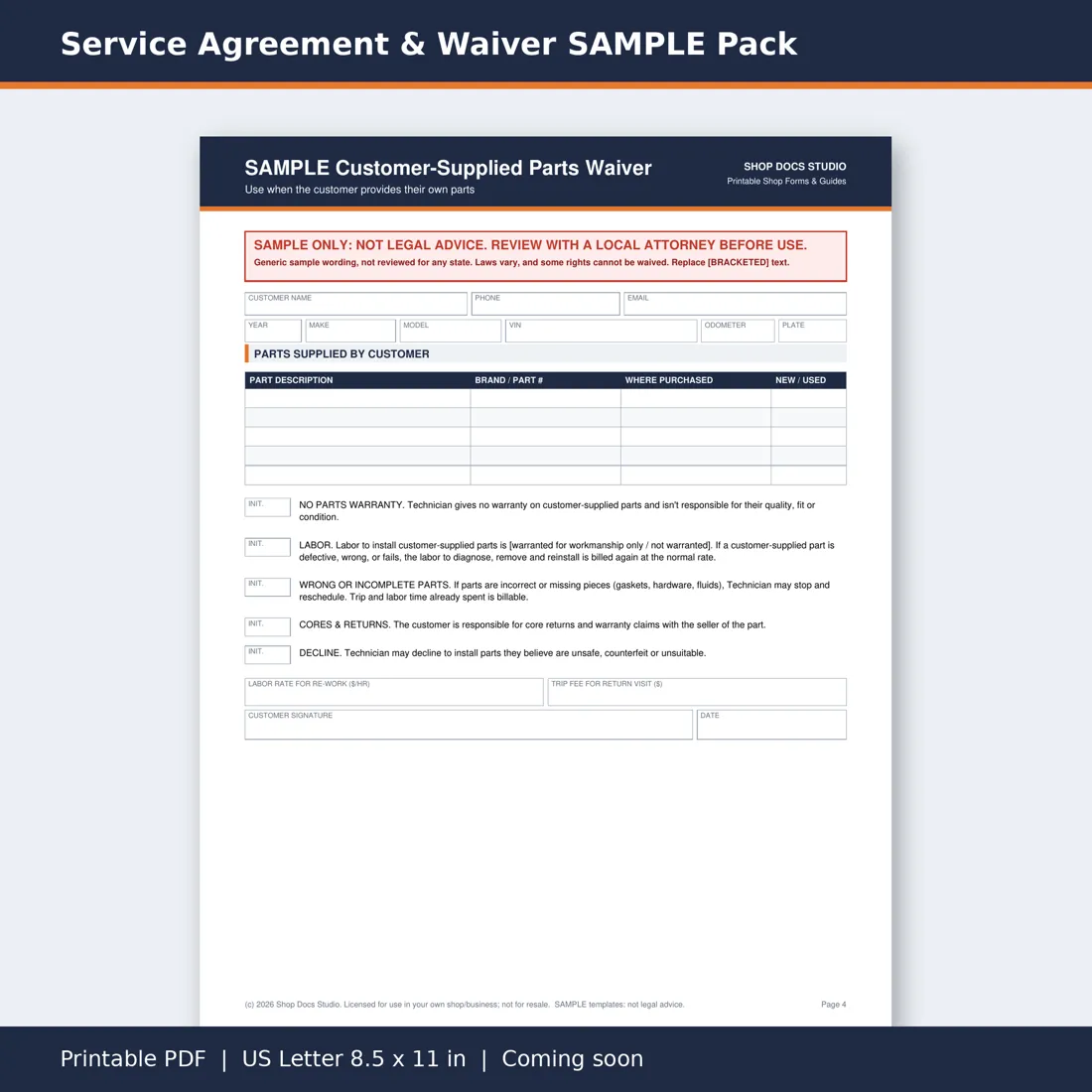 Service Agreement & Waiver SAMPLE Pack page preview