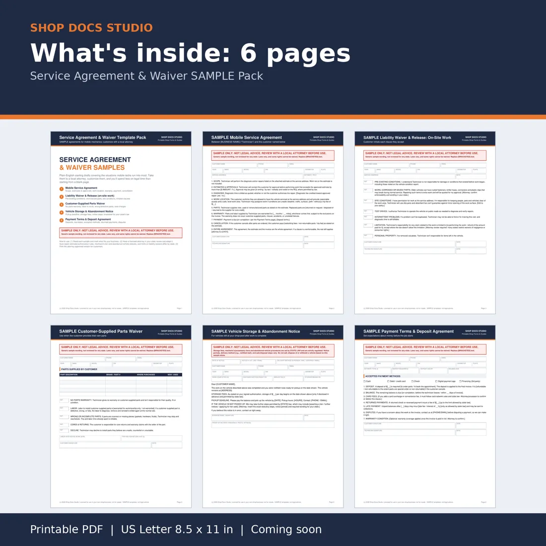 Service Agreement & Waiver SAMPLE Pack page preview