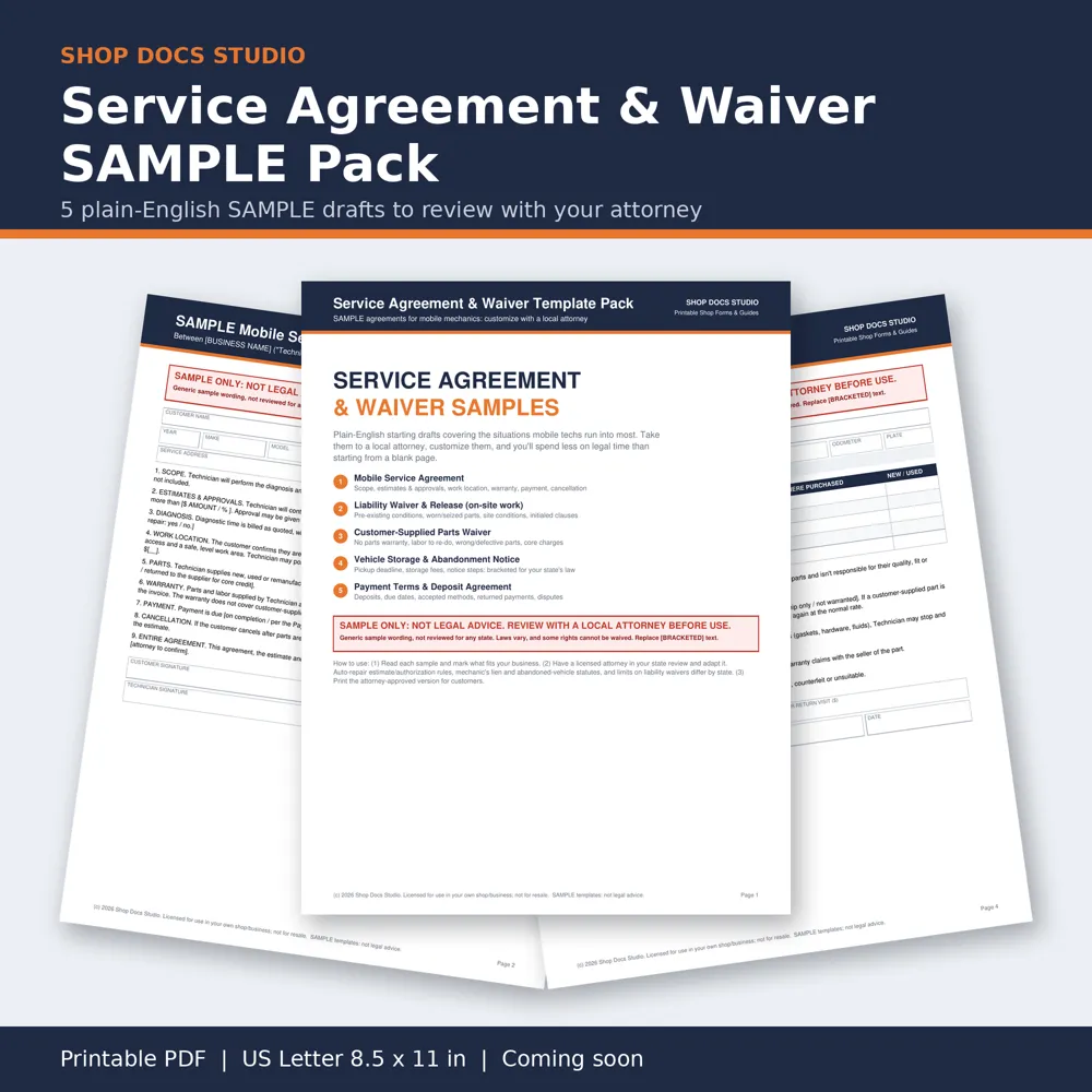 Service Agreement & Waiver SAMPLE Pack: pages from the pack