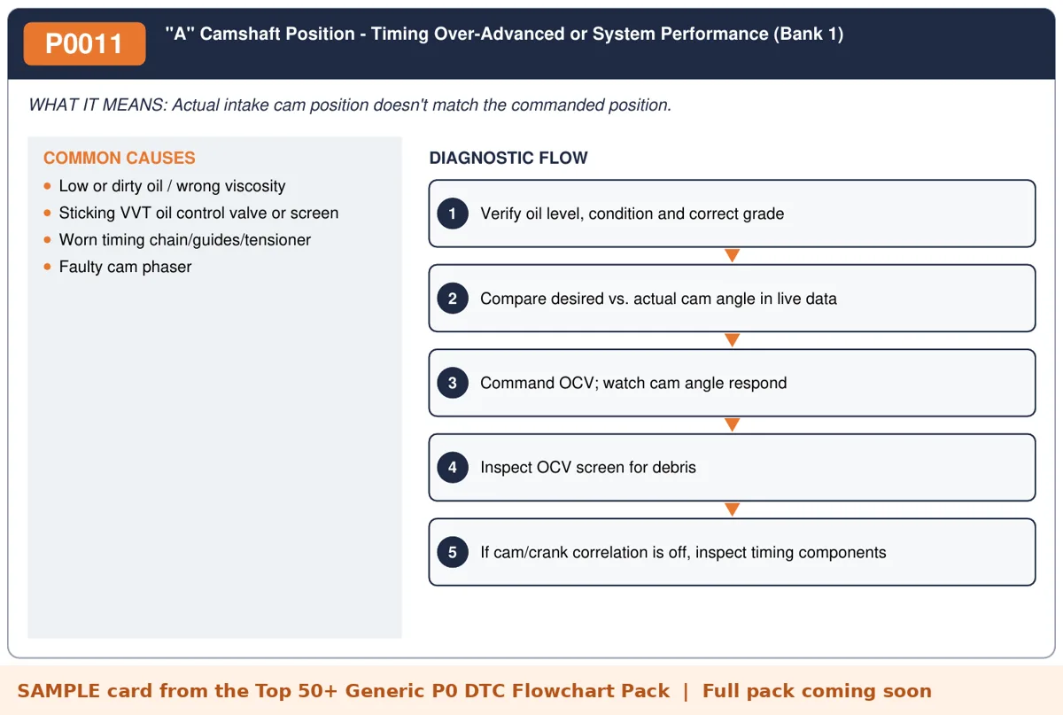 Sample P0011 diagnostic flowchart card from the DTC flowchart pack