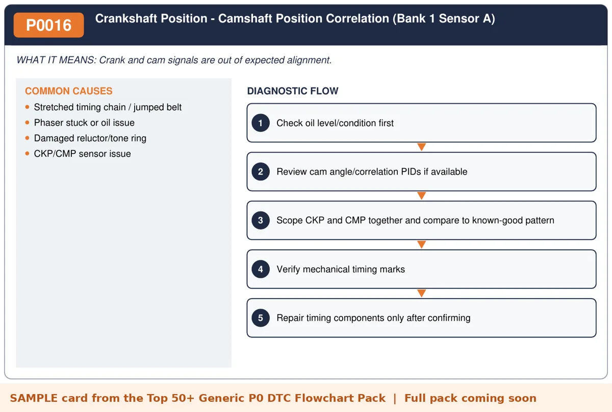 Sample P0016 diagnostic flowchart card from the DTC flowchart pack