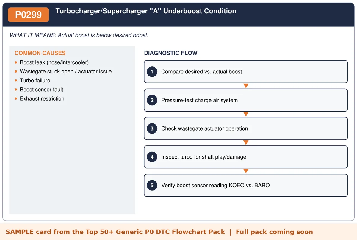 Sample P0299 diagnostic flowchart card from the DTC flowchart pack