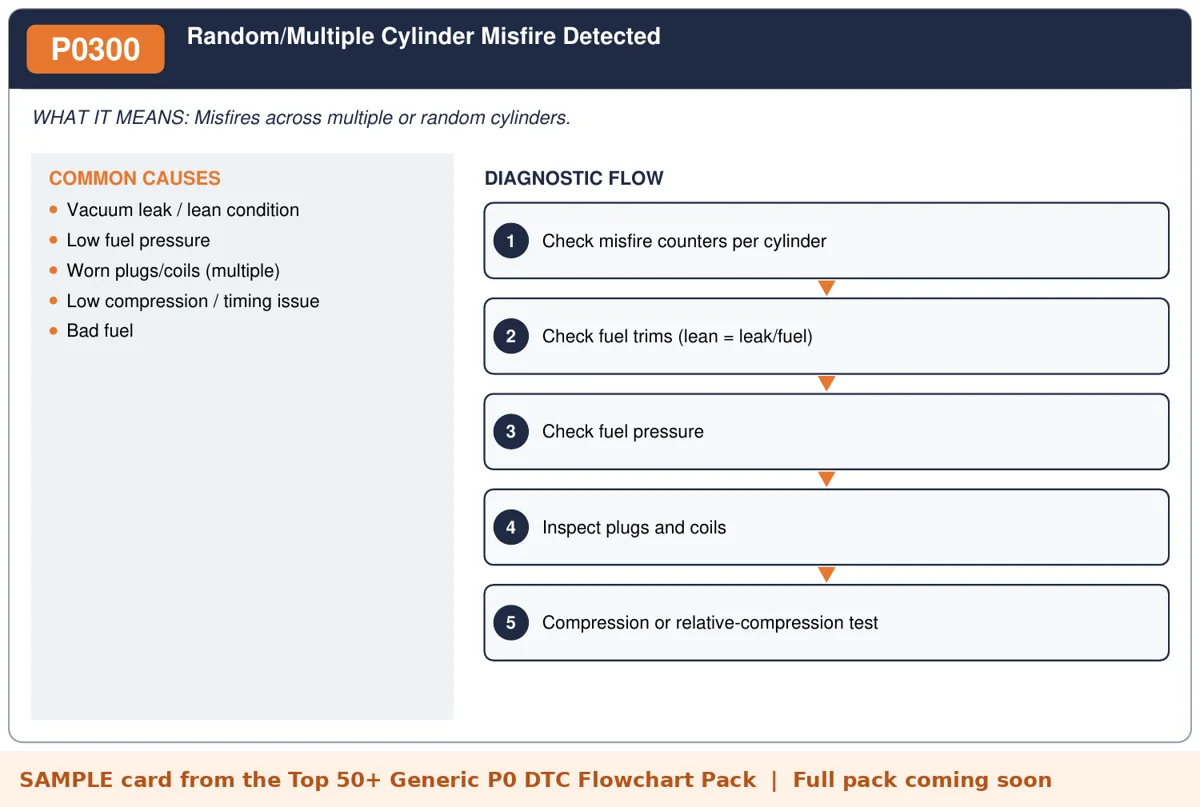 Sample P0300 diagnostic flowchart card from the DTC flowchart pack