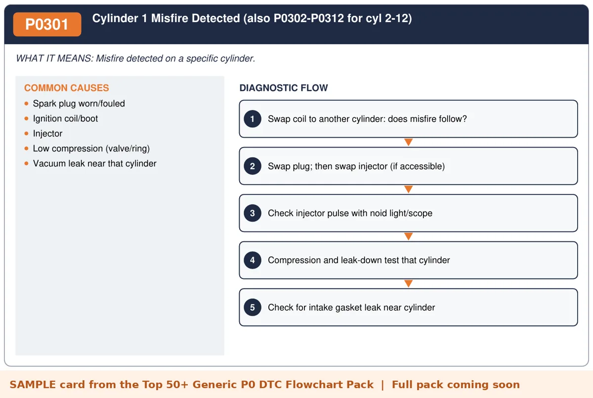 Sample P0301 diagnostic flowchart card from the DTC flowchart pack