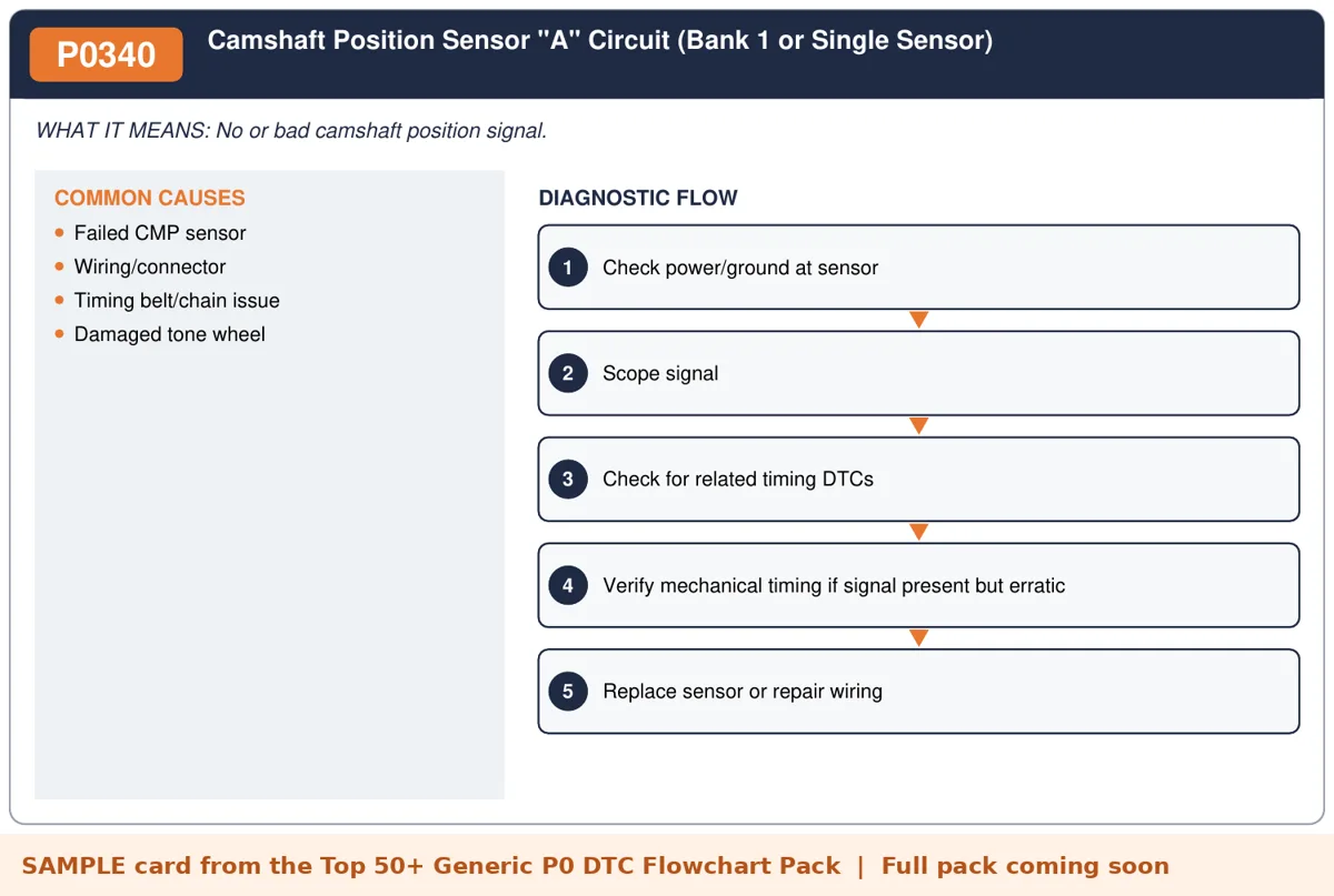 Sample P0340 diagnostic flowchart card from the DTC flowchart pack