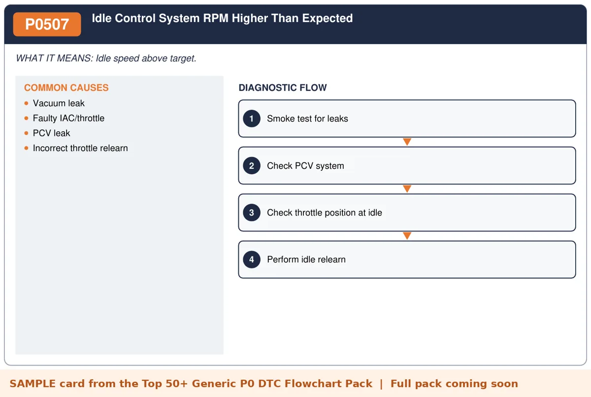 Sample P0507 diagnostic flowchart card from the DTC flowchart pack