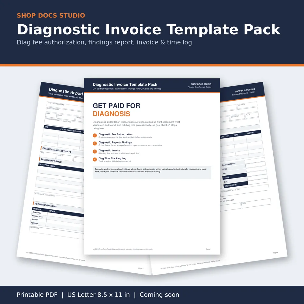 Diagnostic Invoice Template Pack: pages from the pack