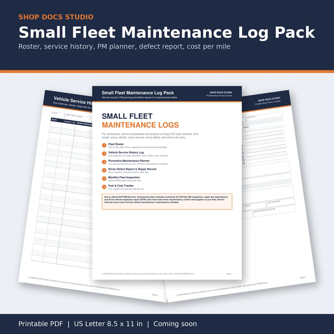 Small Fleet Maintenance Log Pack: pages