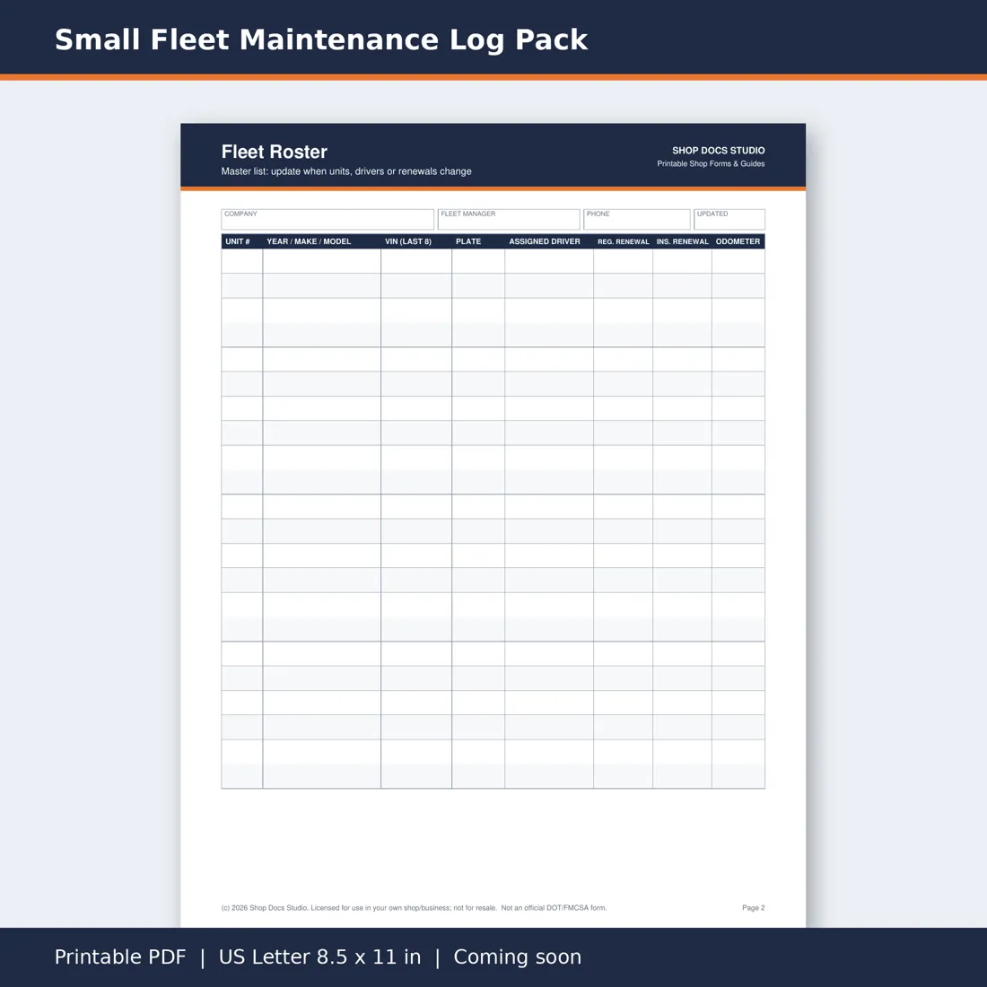 Small Fleet Maintenance Log Pack page preview
