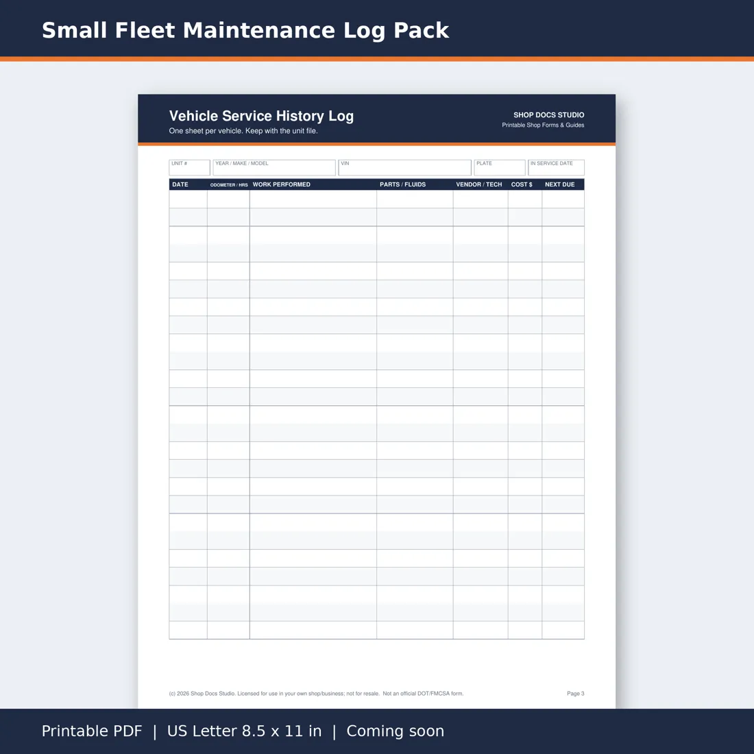 Small Fleet Maintenance Log Pack page preview