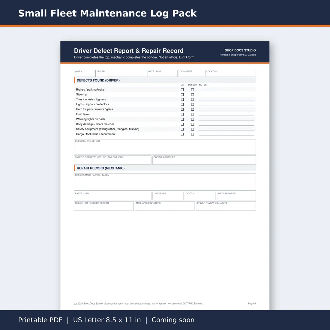 Small Fleet Maintenance Log Pack page preview