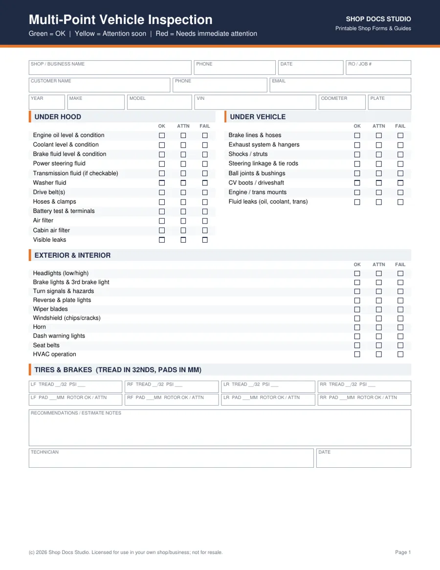 Free vehicle inspection checklist preview