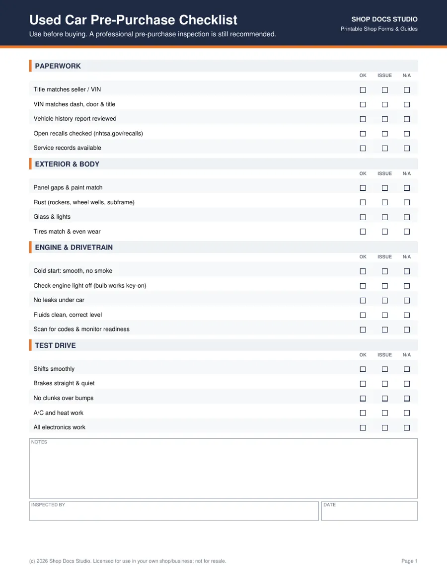 Free checklist page preview
