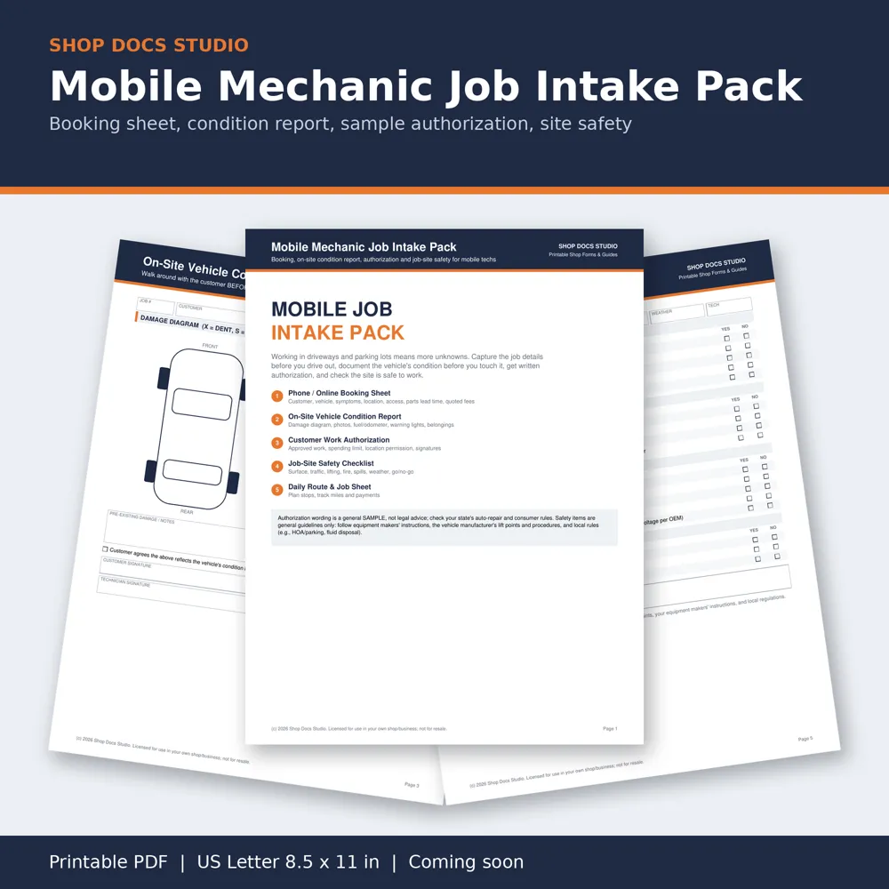 Mobile Mechanic Job Intake Pack: pages from the pack