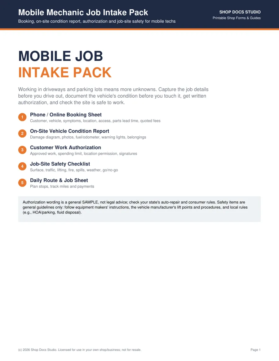 Mobile Mechanic Job Intake Pack preview