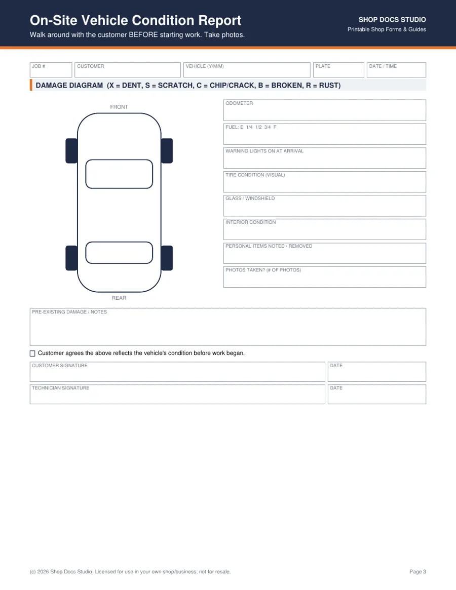 Mobile Mechanic Job Intake Pack page preview