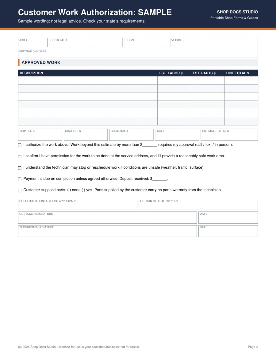 Mobile Mechanic Job Intake Pack page preview