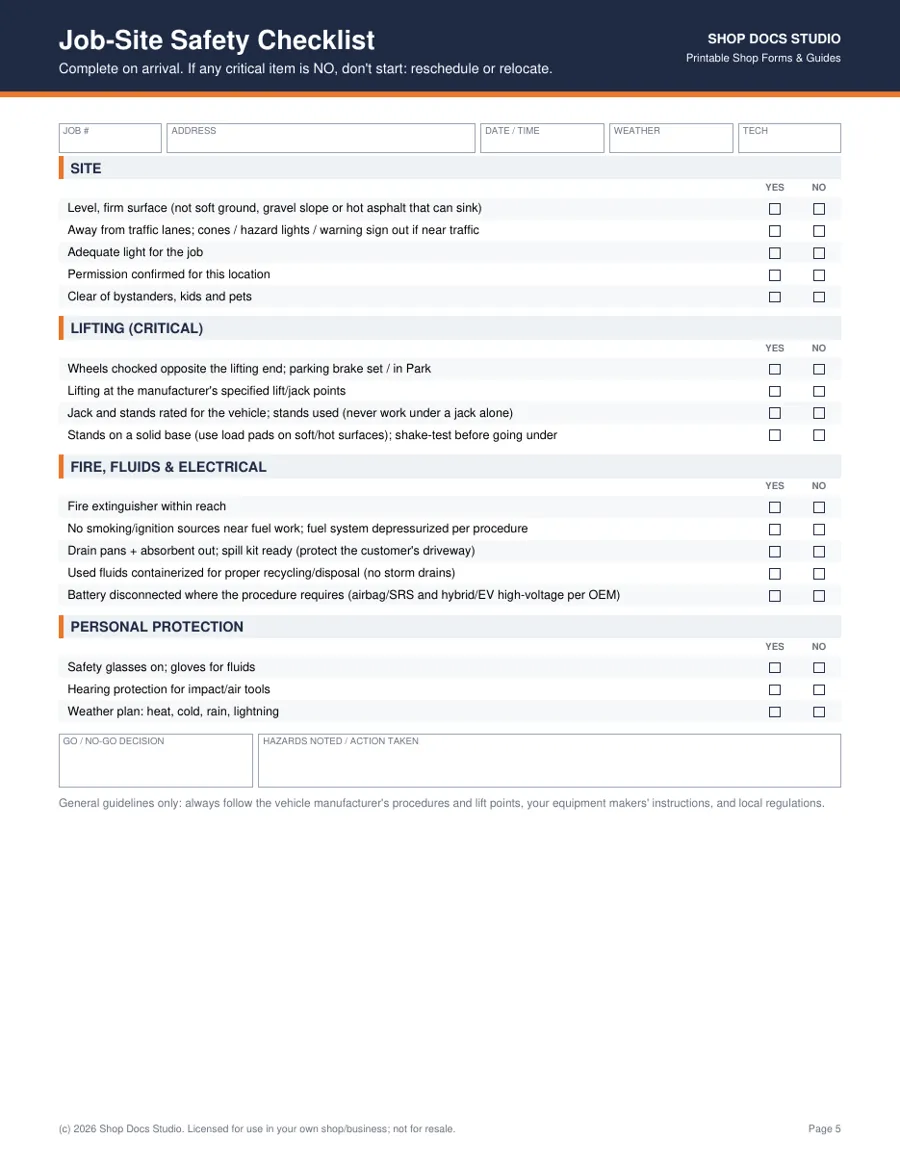 Mobile Mechanic Job Intake Pack page preview