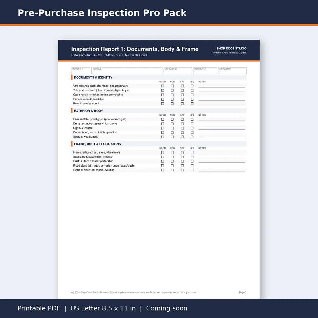 Pre-Purchase Inspection Pro Pack page preview