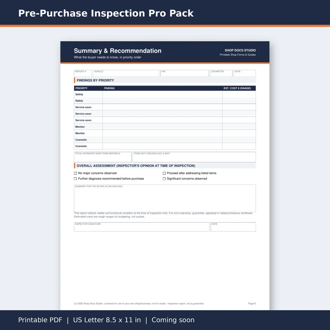 Pre-Purchase Inspection Pro Pack page preview