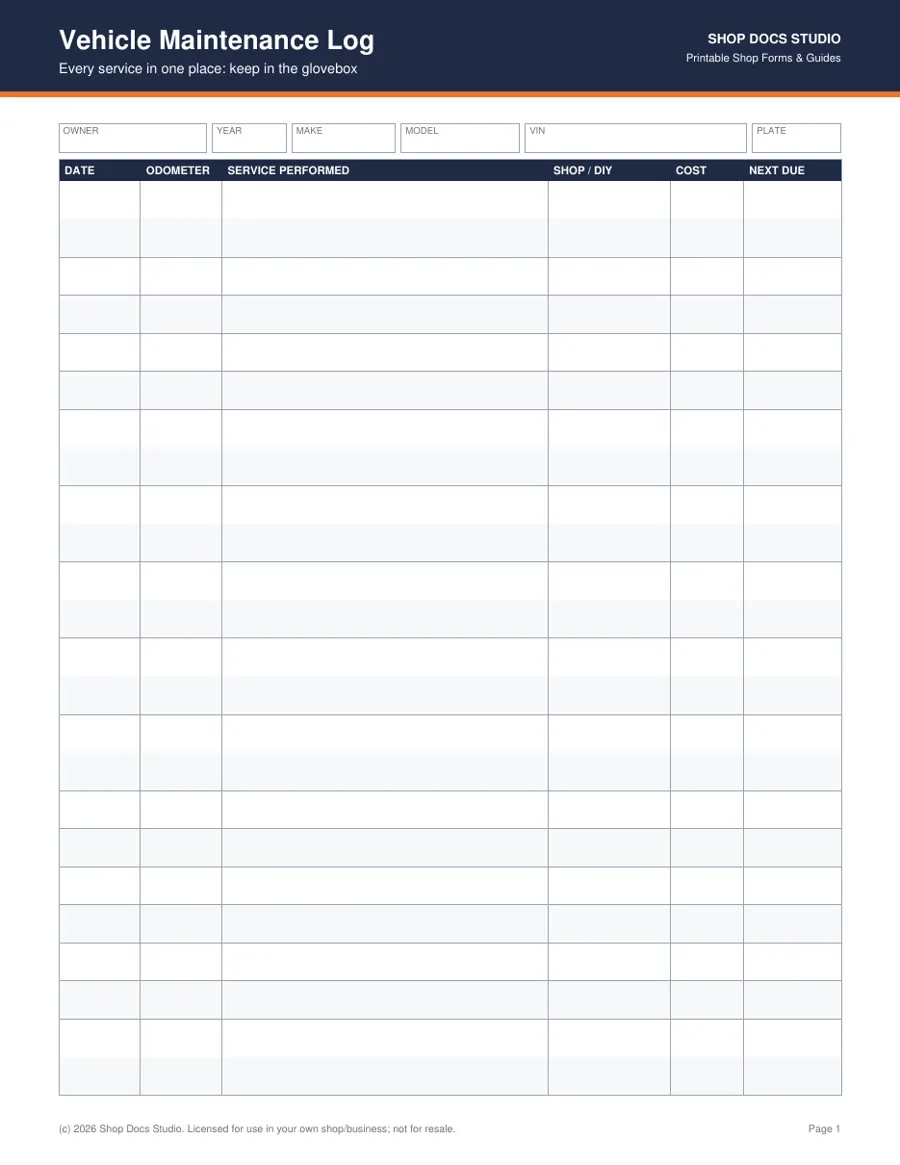 Shop & Car Owner Printables Collection page preview