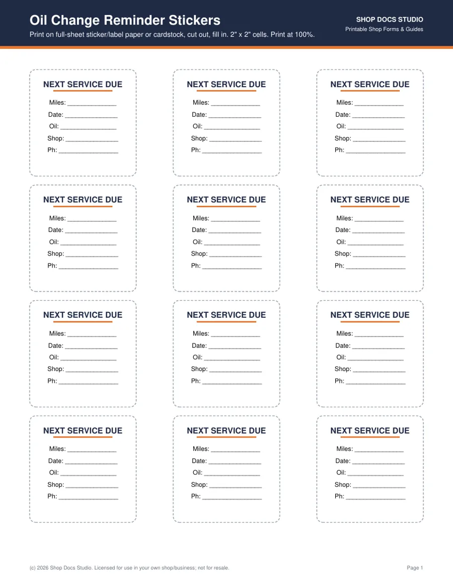 Shop & Car Owner Printables Collection page preview