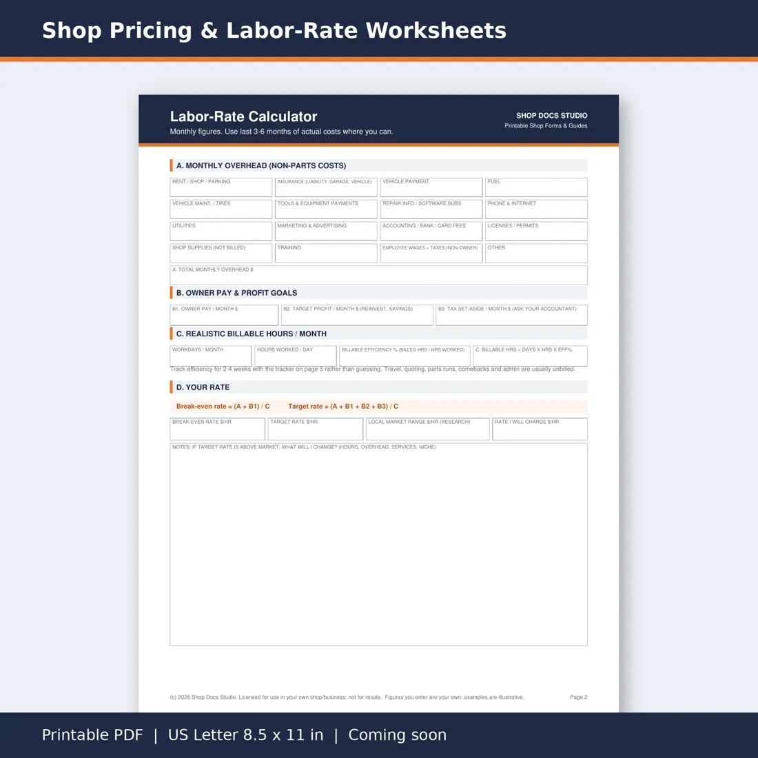 Shop Pricing & Labor-Rate Worksheet Pack page preview