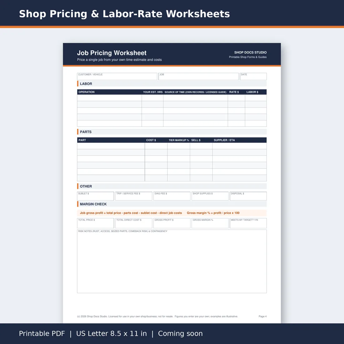 Shop Pricing & Labor-Rate Worksheet Pack page preview