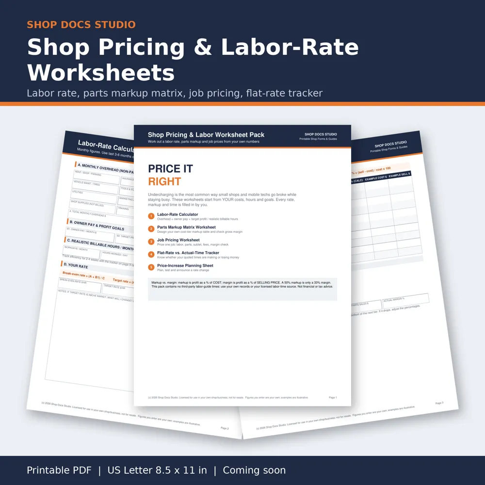 Shop Pricing & Labor-Rate Worksheet Pack: pages from the pack