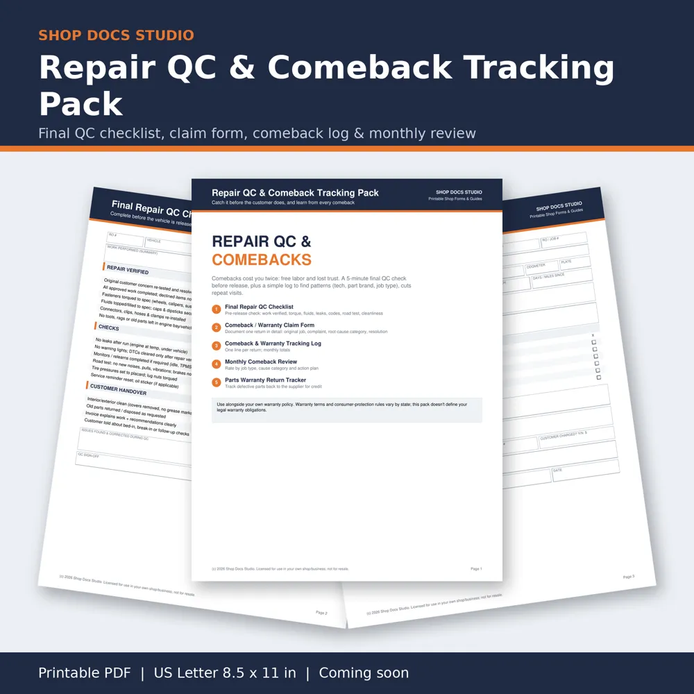 Repair QC & Comeback Tracking Pack: pages from the pack
