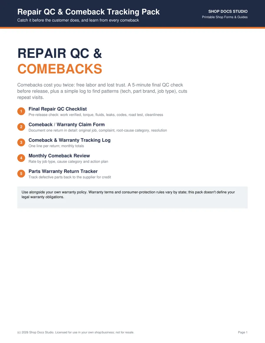 Repair QC & Comeback Tracking Pack preview