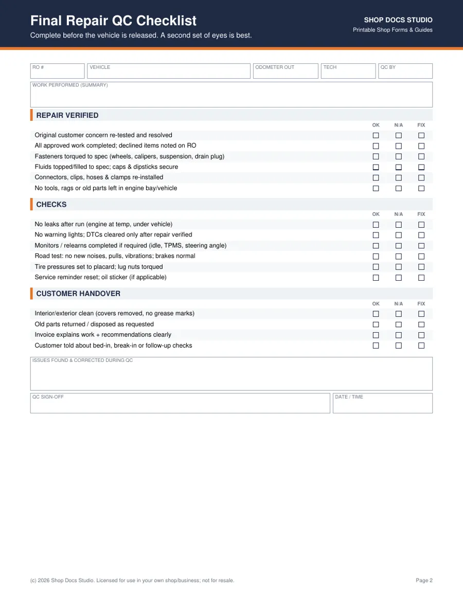 Repair QC & Comeback Tracking Pack page preview