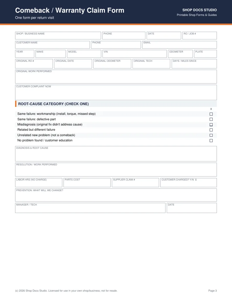 Repair QC & Comeback Tracking Pack page preview