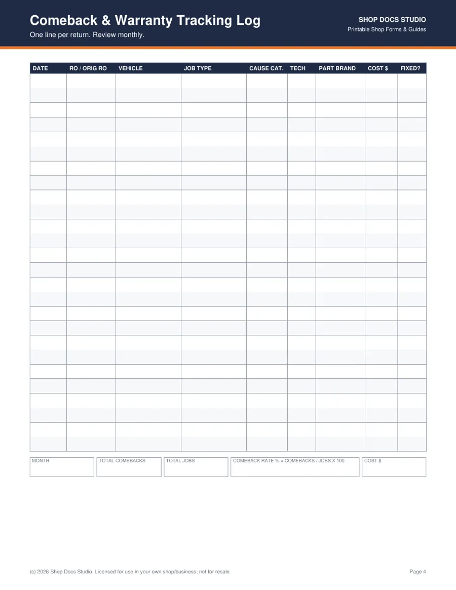 Repair QC & Comeback Tracking Pack page preview