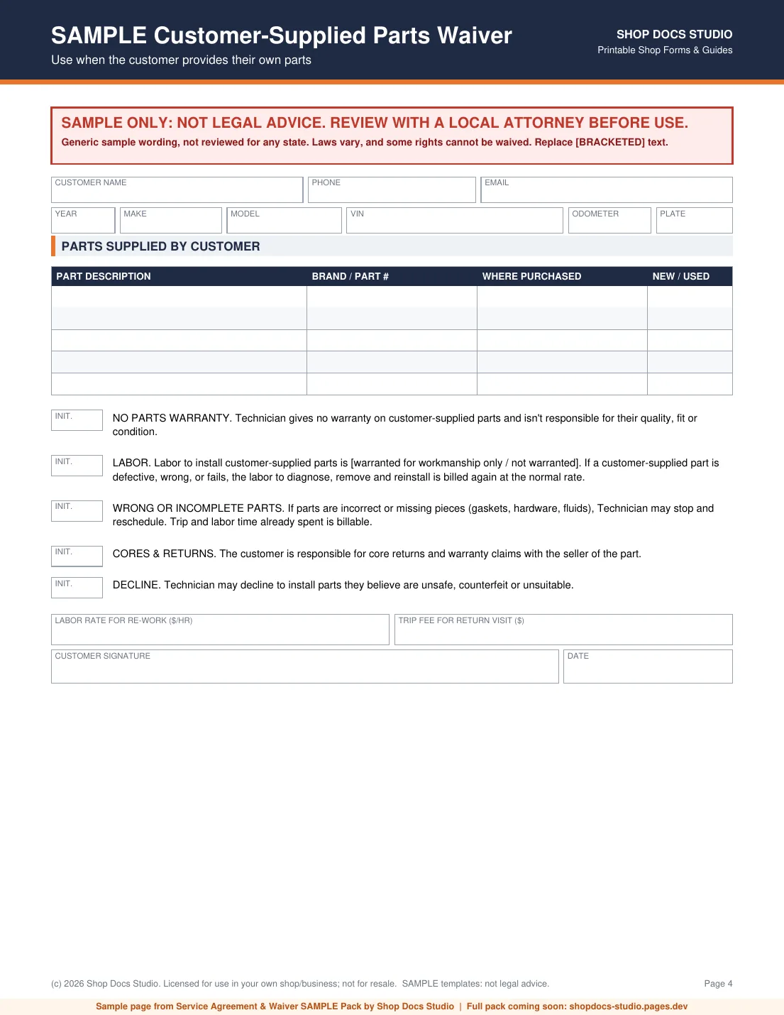 Free sample page from Service Agreement & Waiver SAMPLE Pack