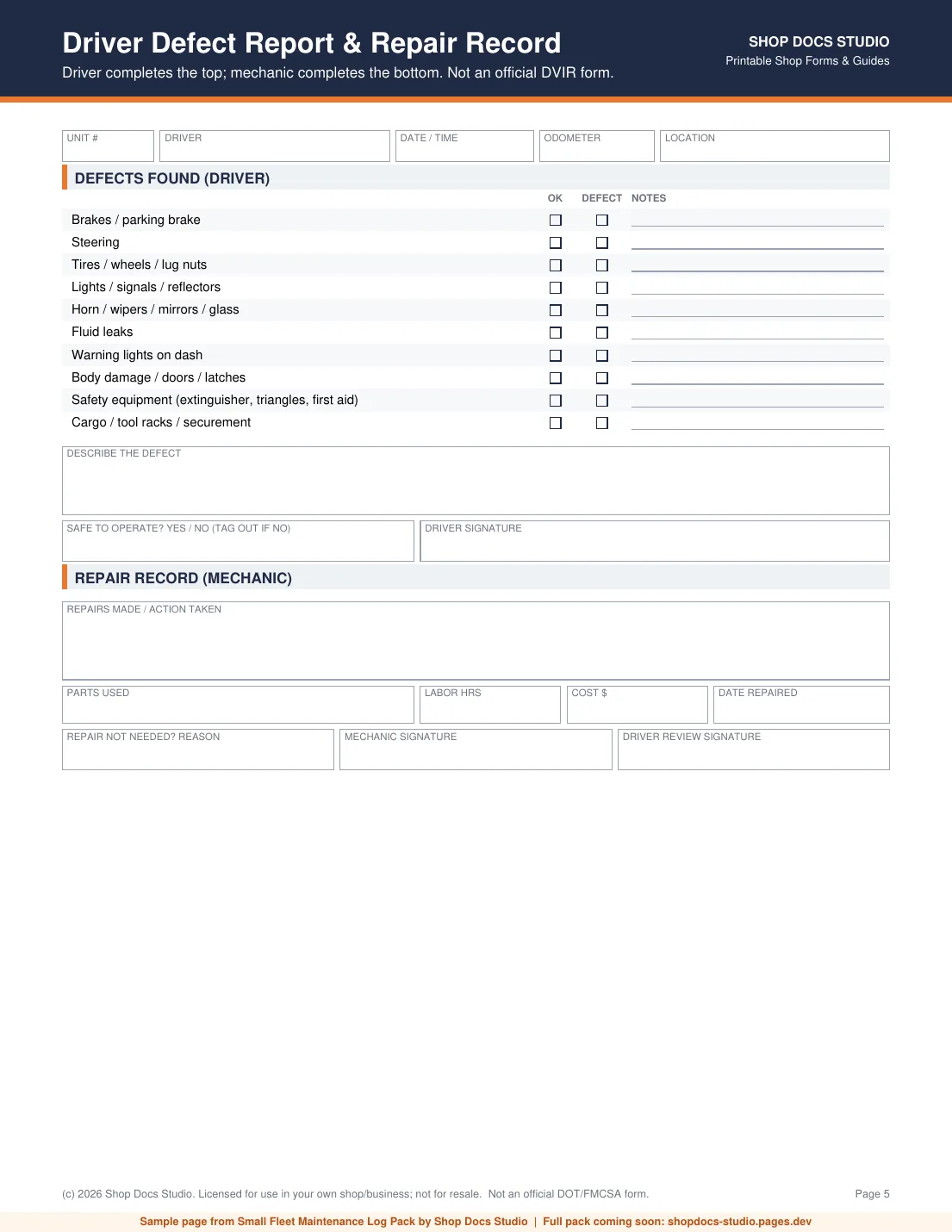 Free sample page from Small Fleet Maintenance Log Pack