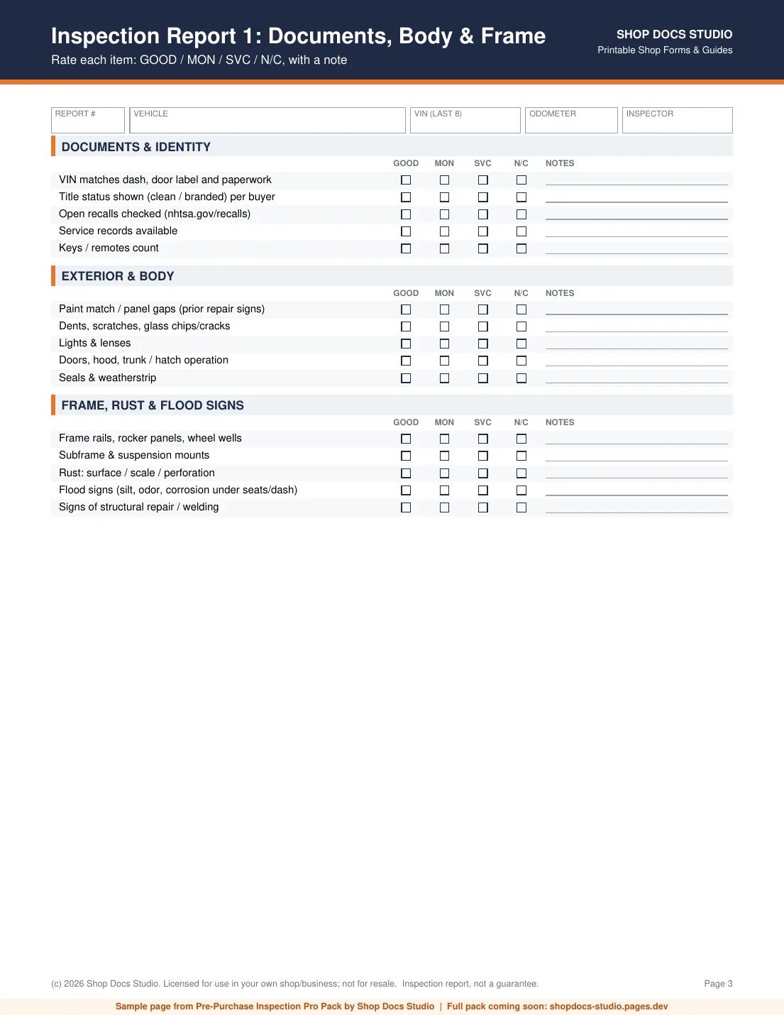 Free sample page from Pre-Purchase Inspection Pro Pack