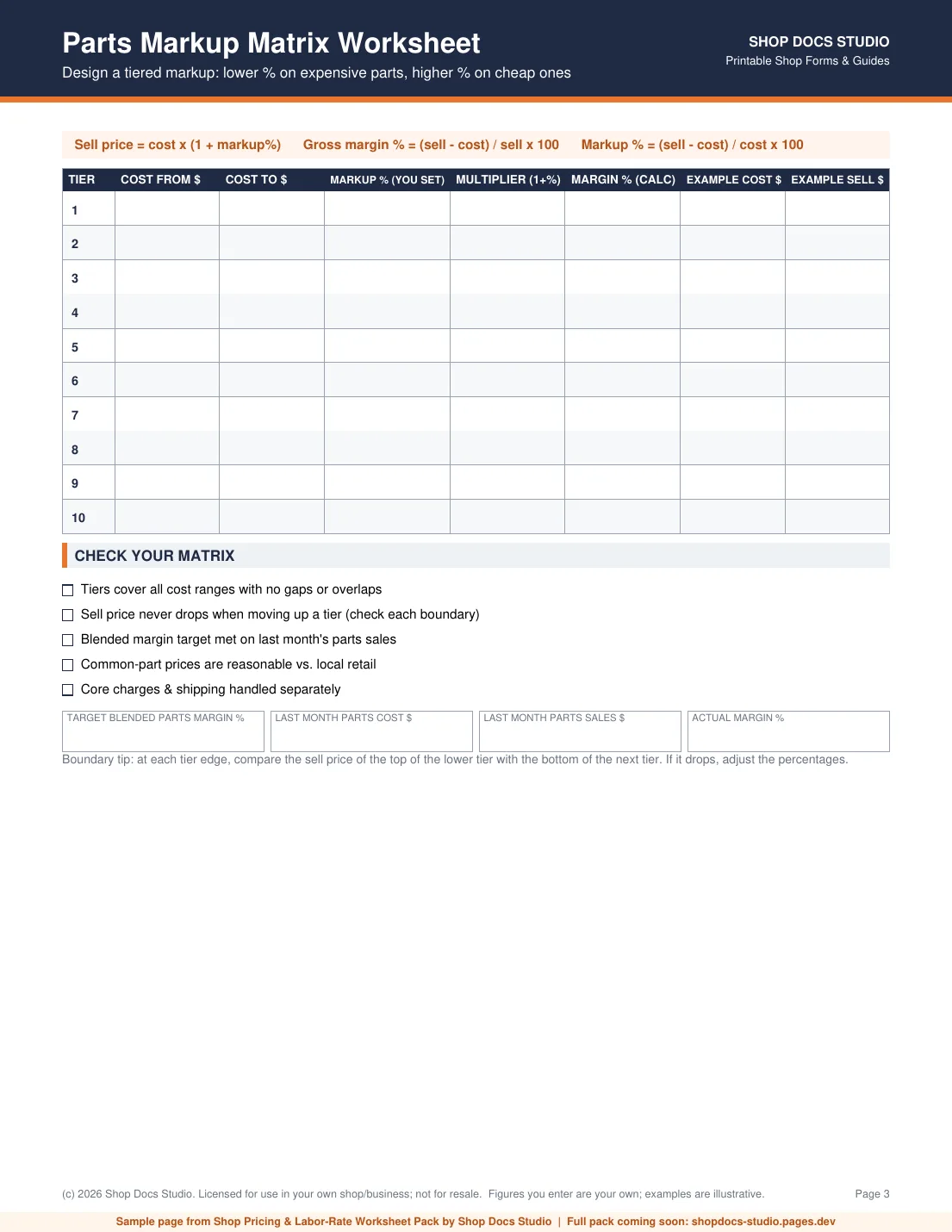 Free sample page from Shop Pricing & Labor-Rate Worksheet Pack
